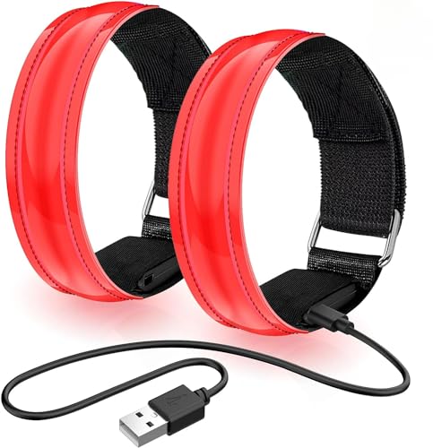 Calonia 2 x Rechargeable LED Light Armband, LED Running Armband, Adjustable Flashing LED Safety Bracelet for Children or Adults (Red)