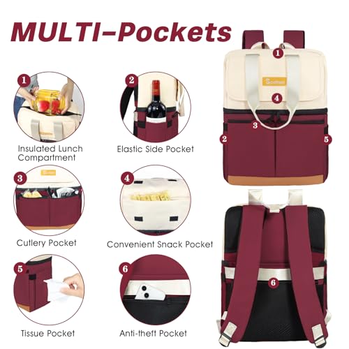 Image of Scothen Backpack Cooler with Double Decker & 12 Ice Packs- Keeps 36 Cans Cold for Up to 24 Hours- Waterproof & Leak Proof Insulated Cooler Backpack- Stylish Cooler Bookbag for Women Travel Work Beach