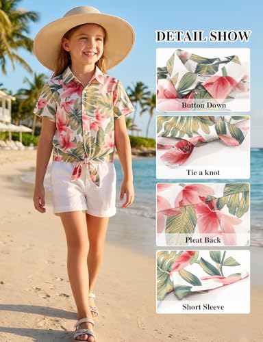 Image of Noomelfish Girls Tie Front Hawaiian Shirt Summer Floral Tropic Short Sleeve Button Down Tops (5-14 Years)