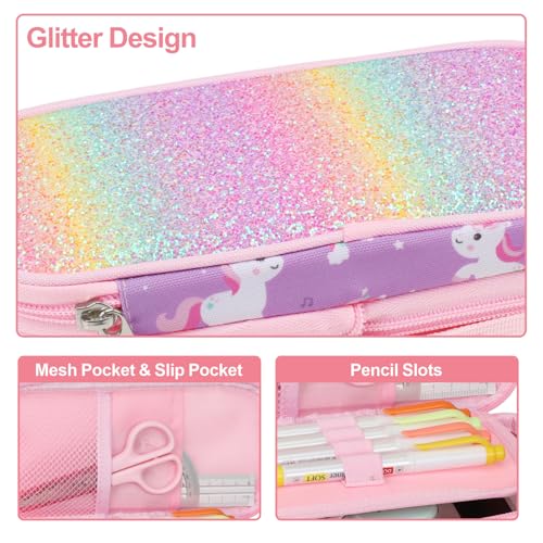 Image of Bagseri Pencil Case for Girls - Expandable Cute Pencil Pouch for Kids Special Pencil Box Large Capacity Pencil Bag Organizer for School (Glitter Purple Unicorn)