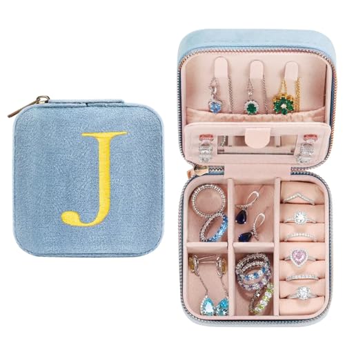 TINGN Gift for Women - Personalised Jewellery Box Ladies Girls with Initial J Flower Small Jewellery Box Travel Jewellery Box with Mirror Gift for Birthdays Christmas Mother's Day