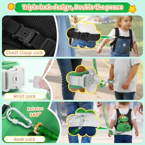 Image of Dr.meter 3 in 1 Toddler Harness Leash with Key Lock for Boys Girls | Cute Dinosaur Kids Safety Harness + 8.2ft Anti Lost Wrist Link Child Protective Leash While Walking for Outdoor Activity