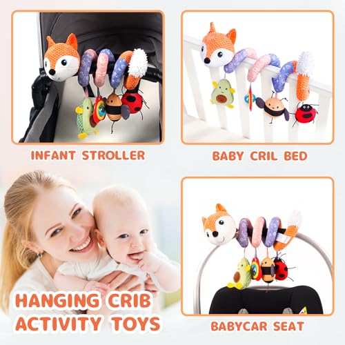 Image of Koty Car Seat Toys, Infant Baby Spiral Plush Activity Hanging Toy for Stroller Bar Pram Crib with Music Box BB Squeaker & Rattles(Orange Fox)