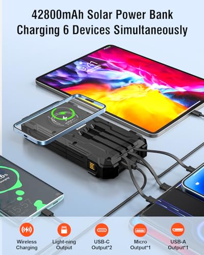Image of Solar Charger Power Bank, 42800mAh Wireless Portable Charger with USB-C in /Output, QC3.0 Fast Charging 15W 4 Ports Outdoor Battery Pack Built-in Dual Led Flashlights for iPhone Samsung etc