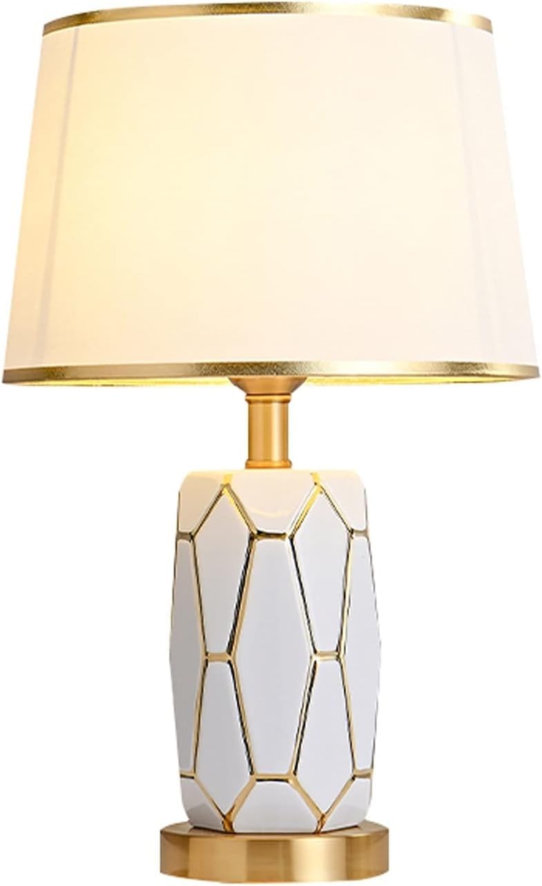DFAEEKIYO Desk Lamp Retro Table Lamps Ceramics Bedside with Fabric Lampshade and Metal Base Nightstand Home Office Restaurant(White)
