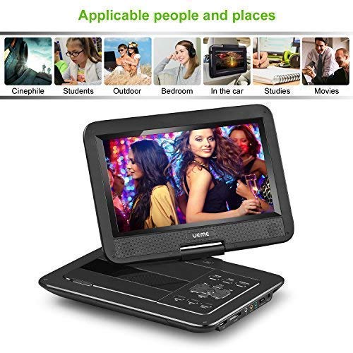 UEME DVD Player Portable with 10.1 Inch Swivel Screen, with Car Headrest Mount Holder, Remote Control, Car Charger, Power Adaptor, Built-in Rechargeable Battery, Region Free Players (Black)