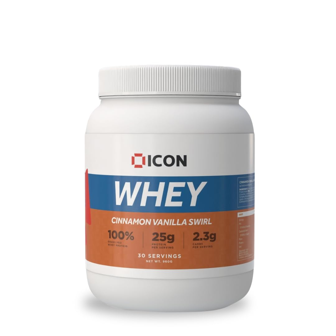 ICON Nutrition Whey Protein Powder — Cinnamon Vanilla Swirl — High Protein, Grass Fed, Low Carbs & Fat, Complete Amino Acid Profile, Cold Shakes or Mix with Foods — 960g, 30 Servings