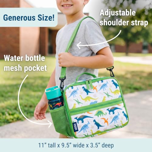 Image of Wildkin Dinosaur Adventures ECO Lunch Box | 11 x 9.5 x 3.5 in insulated rPET lunch box with bottle pocket, interior mesh pocket and removable shoulder strap.