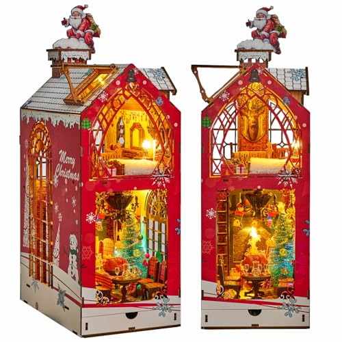 Roroom DIY Book Nook Kit, DIY Dollhouse Bookshelf Insert Decor Alley,3D Wooden Puzzle with LED Book Nook Wood Bookend Model Building Christmas Edition(SL-29)