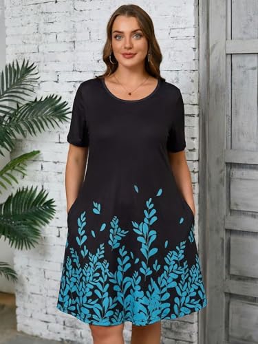 Image of AusLook Plus Size Midi Dress for Women Casual Summer Short Sleeve A Line Swing Dress with Pocket Round Neck Flowy Dress 1X-5X