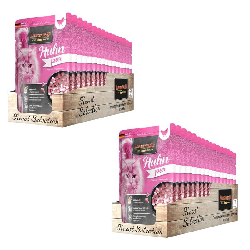 LEONARDO Katzenfutter nass Huhn pur 2X 16 Beutel à 85 g Finest Selection Nassfutter für ausgewachsene Katzen ohne Zucker und Getreide bei Futterunverträglichkeiten