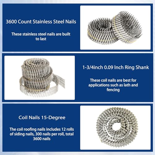 Image of waltyotur 3600 Count Stainless Steel Coil Roofing Ring Shank Siding Nails 15-Degree Collated Wire Coil 1-3 /4 Inch, 0.09 Inch Ring Shank, Small Cap Coil Stud Siding Nails