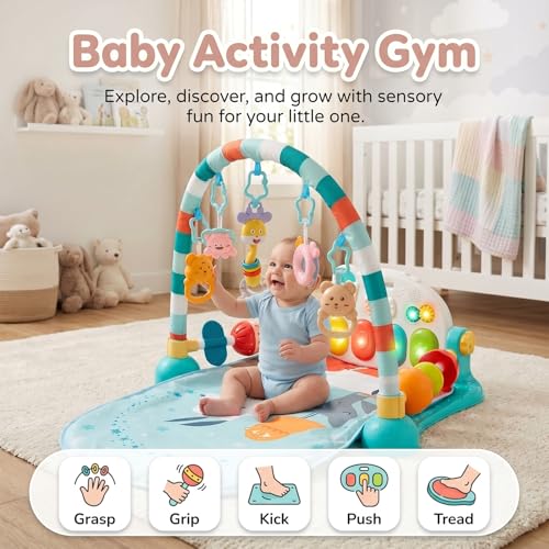 Image of StarAndDaisy Baby Play Gym mat, Kick & Play Gym mat with Adjustable Piano for Baby, Infants & Toddler Gym /Play mat with Hanging rattles /Play Toys Music & Light - Blue