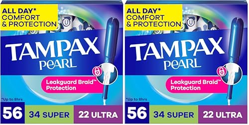 Image of Tampax Pearl Tampons for Women Multipack, with LeakGuard Braid, Super /Ultra Absorbency, Unscented, 56 Count (Pack of 2)