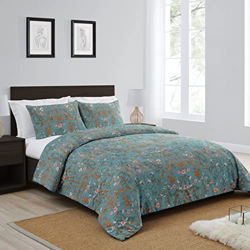 Image of Boho Bohemian Farmhouse Teal Blue and Orange Wildflower Garden Floral Duvet Comforter Cover and Sham 3 pc King Size Bed Bedding Set Bedroom Flower Botanical Cottagecore Patterned Vintage Turquoise