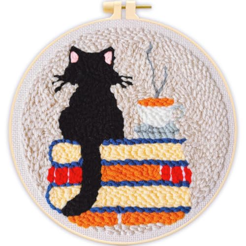 Image of Punch Needle Kit for Beginners Adults-Cat Coffee, with Embroidery Hoop