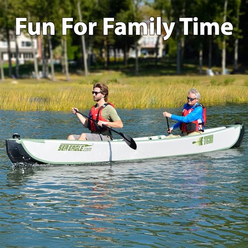 Sea Eagle TC16 Inflatable 16’ High Pressure Drop Stitch Travel Canoe-Wood Web Seats, Pump, Bag and Optional Paddles for Lakes, Rivers & Bays-Easy to Transport, Pack & Stow (TC16 Startup Package)