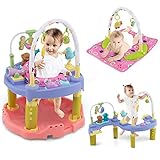 HONEY JOY Baby Bouncer Activity Center, 3-Stage Bouncing Activity Saucer & Playtime Mat & Activity Table, Toy-Bar, 3 Adjustable Heights, Foldable Activity Center for Infants & Toddlers(Pink)