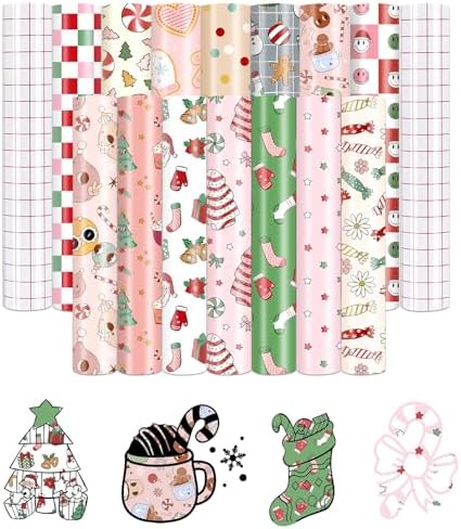 15 Sheets Christmas Heat Transfer Vinyl - Red & Green Patterns, 12x10 Inch, For DIY Shirts & Crafts