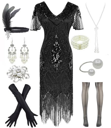 Image of Women 1920s Gatsby Vintage Sequin Flapper Fringe Party Plus Dress with 20s Accessories Set
