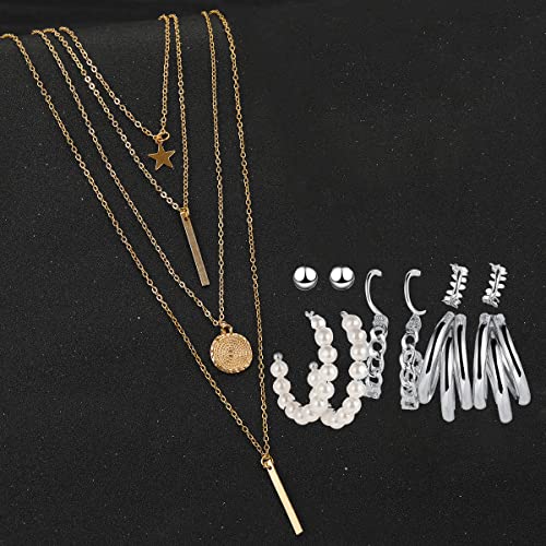 Layered Necklace & Studs/Hoop Earrings Set