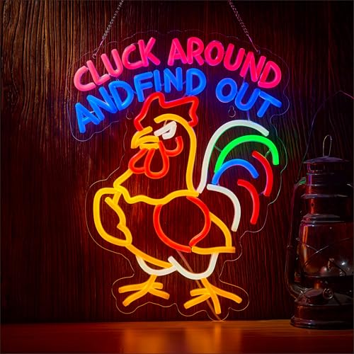Image of Funny Chicken Looking Around Neon Sign with inchCLUCK AROUND AND FIND OUT inch for Wall Decor,Rooster LED Sign for Home Farmhouse Kitchen Garden Man Cave Gift