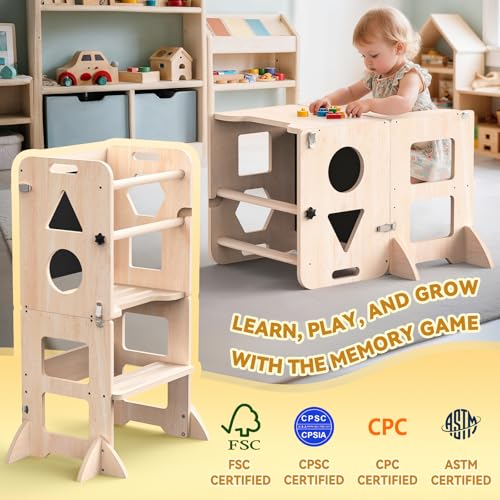 Image of Woodure 3-in-1 Toddler Kitchen Step Stool, Foldable Learning Standing Tower with Blackboard, Wooden Kitchen Stool Helper for Kids