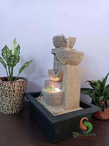 Image of Decorative Table Top Water Fountain for Home Decor /Office /Indoor & Outdoor /Garden /Puja Room /Vaastu with Multicolor LED Light and Adjustable Water Pump (Yellow-D-025)