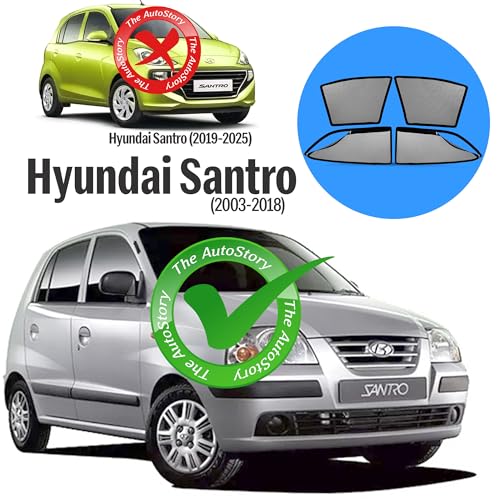 Image of AutoStory Magnetic Car Sunshade for Santro 2003-2018 | Front Half Cut for Mirror Visibility + Rear Full Coverage with Zipper | Heavy Heat & UV Protection | Privacy Side Window Curtains Shades