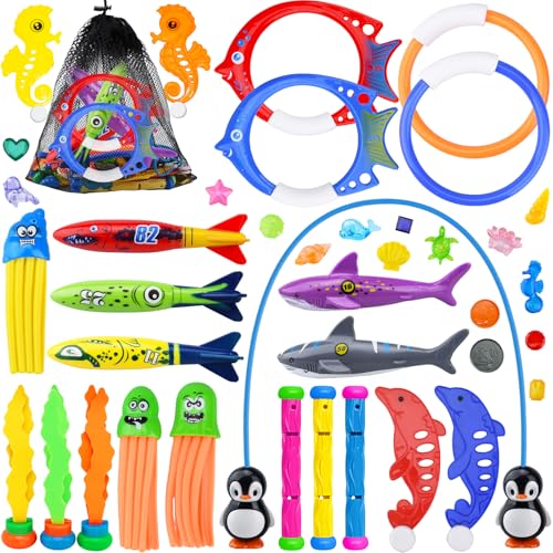 KIMIGO Brinquedos de mergulho, piscina crianças brinquedos, jogos de piscina para crianças, jogos de água para piscina, brinquedos para nadar debaixo de água para crianças, anéis de mergulho, algas