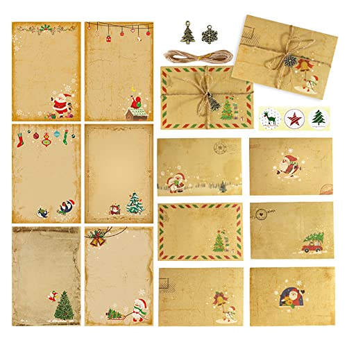 UBERMing Juegos de Papel de Papelería Vintage 24 Papel de Carta Vintage A5 con 12 Sobres y Accesorios Navideños Vintage + 24 Pegatinas + 2 Cuerda de Cáñamo para Carta de Papá Noel