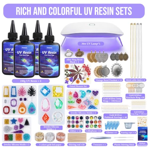 Image of FUHITIM UV Resin Jewelry Making Kit, UV Resin Kit with Light and Molds 400g | Crystal Clear UV Resin,DIY Jewelry Making Kit, Resina Starter Kits for Keychain Earring Necklace Rings and More