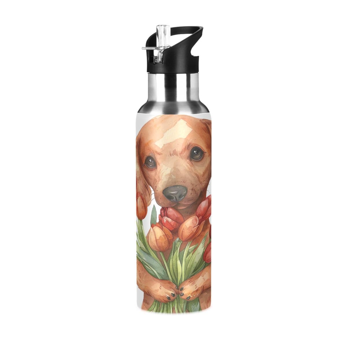 Botella de agua aislada de acero inoxidable con diseño de perro salchicha con flores, botellas de agua para gimnasio para mujer, botellas de agua a prueba de fugas con pajita