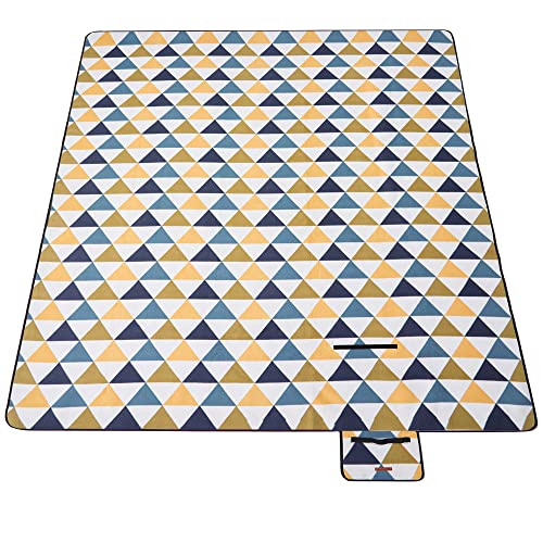 SONGMICS Picknickdecke, 300 x 200 cm, groß, Campingdecke, für Park, Garten, Strand, wasserdicht, faltbar, gelbe und Blaue Dreiecke GCM073Q01, Yellow and Blue Triangle Pattern