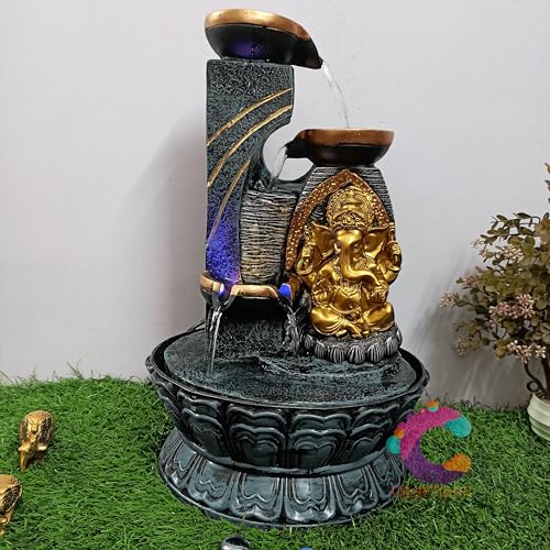 Image of Decorative Water Fountain for Home Decor, Office, Indoor & Outdoor, Garden, Puja Room, Vaastu, Reception, Spa, Gifting. (3 Step Diya Ganesh (Golden))