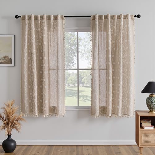 Image of MYSKY HOME Boho Floral Curtains 72 Inch Length Linen Blend 2 Panels