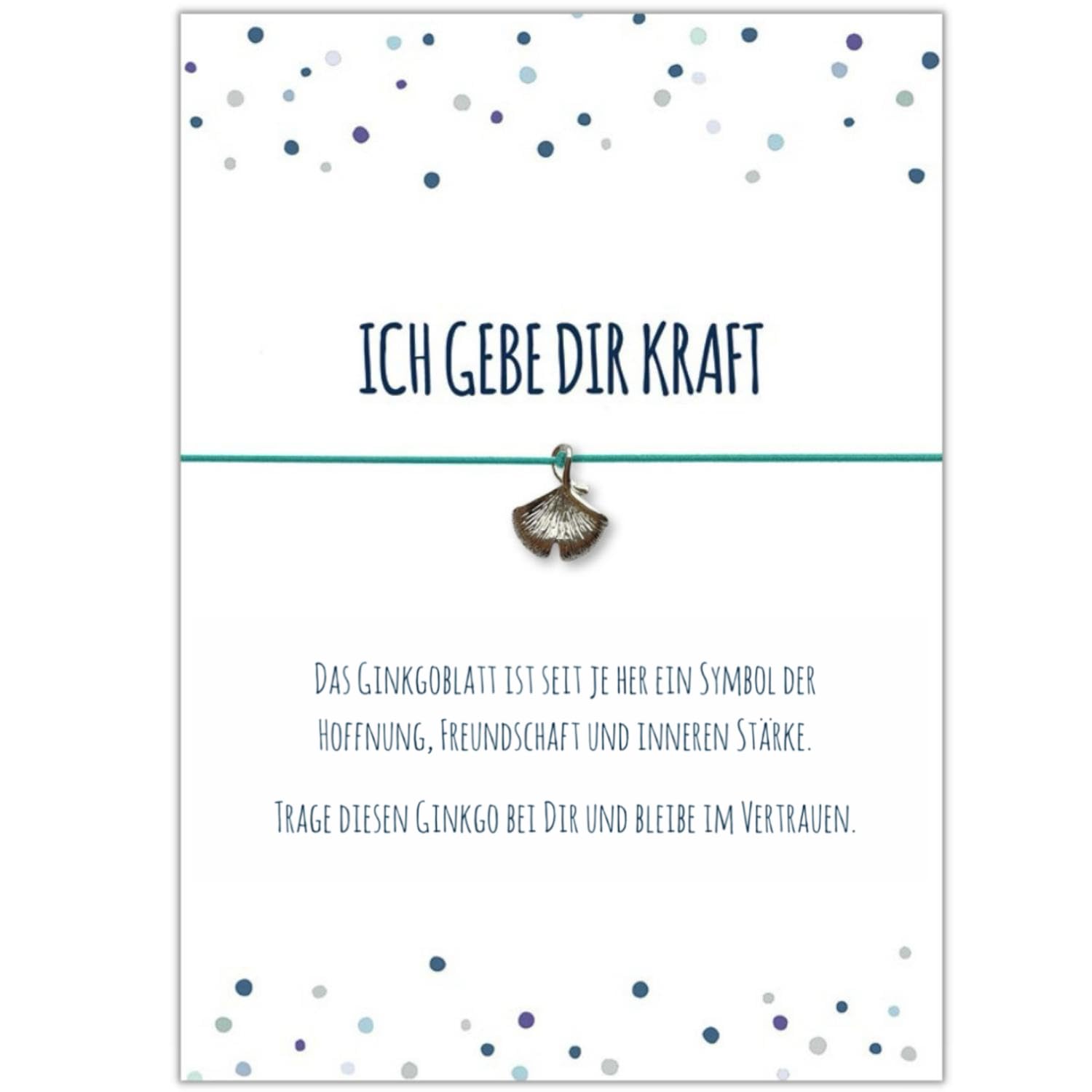 Glücksschmiedin – Kraft Geschenk Armband in Schwarz mit Ginkgo-Anhänger & Spruchkarte – Mutmacher & Glücksbringer für Prüfungen & schwere Zeiten – Handgefertigt in Deutschland
