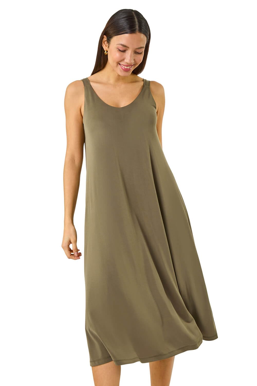 Roman Women's Khaki Strappy Jersey Midi Dress In | : Size 16