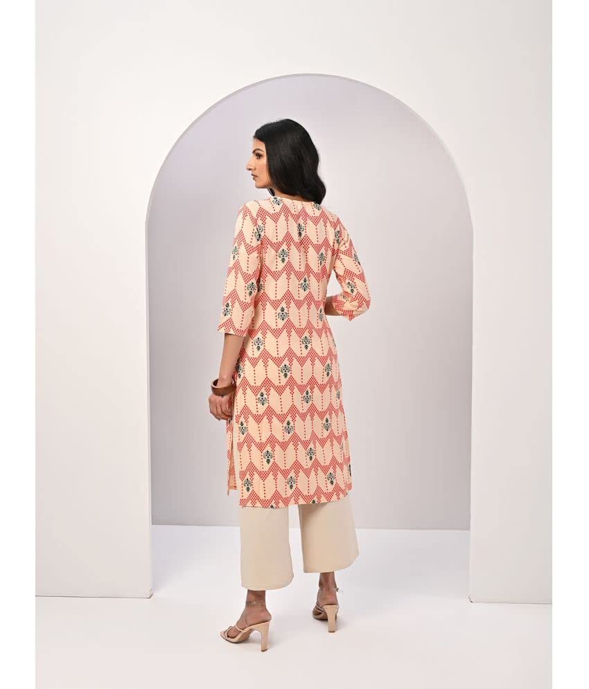 Image of rangita Peach Rayon Calf Length Printed Straight Kurti for Women | Kurta for Women