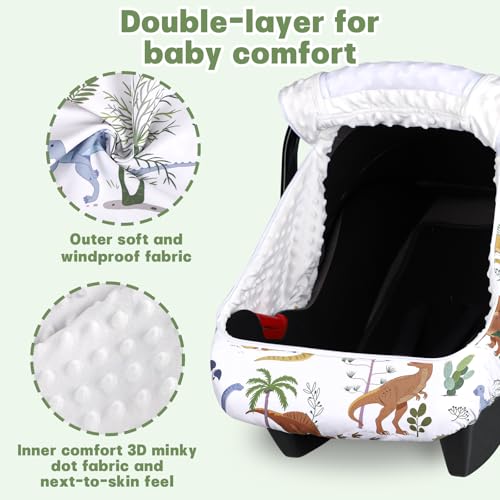 Image of Hooyax Baby Car Seat Cover with Dual Zipper, Extra Large Mesh Window Carseat Canopy, All-Season Weather Protection for Infant Car Seats & Strollers (Dinosaur)