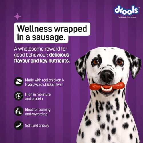 Image of Drools Adult & Puppy Sausage for Dog, 450g | Liver Flavour | High Protein | Treat & Food Topper | Grain Free | Best for Training & Bonding | No Preservatives