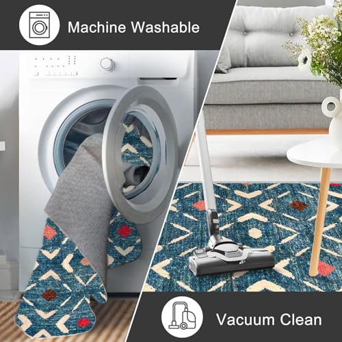 KILOCOCO Hallway Runner Rug 3x10 Runners for Hallways Washable Runner Soft Non Slip Printed Geometric Rubber Backed Low-Pile Rug Runners for Bedroom Kitchen Living Room Boho Rugs, Teal/Blue