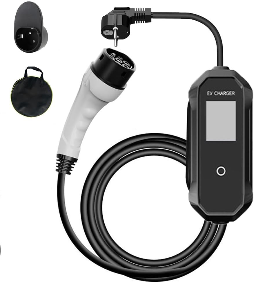 Cargador de Coche Eléctrico 3.5kW Corriente Ajustable 8A-16A Estación de Carga Móvil/Cable de Carga Wallbox Tipo 2 con Pantalla LED/Temporizador/Bolsa IP66 Antiburn automático apagado de potencia,5m
