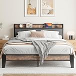 IRONCK King Size Bed Frame with Storage Shelf Upholstered Headboard, Platform Bed Frame with Charging Station, Metal Bed Frame/UnderBed Storage, Enhanced Support Noise Free, Vintage Brown+Grey