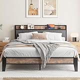 IRONCK King Size Bed Frame with Storage Shelf Upholstered Headboard, Platform Bed Frame with Charging Station, Metal Bed Frame/UnderBed Storage, Enhanced Support Noise Free, Vintage Brown+Grey