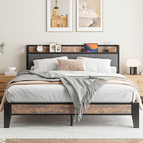 IRONCK King Size Bed Frame with Storage Shelf Upholstered Headboard, Platform Bed Frame with Charging Station, Metal Bed Frame/UnderBed Storage, Enhanced Support Noise Free, Vintage Brown+Grey