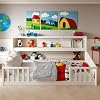 Full Montessori Floor Bed with Bedside Bookcase Shelves for Girls BoysFull Size Floor Bed wSafety Guardrails for GirlsBoysNo Box Spring Needed White