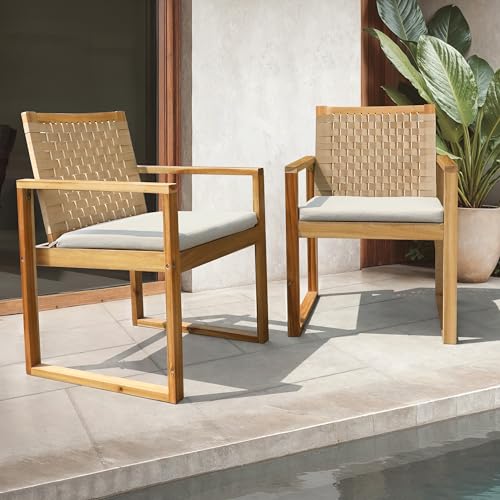 Melino Wood Wicker Dining Chairs Set of 2 – Acacia Armchairs with Cushions – Boho Modern Indoor Outdoor Style – Solid Wood Frame