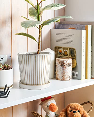 Le Tauci Embossed Ceramic Plant Pots, Set Of 2, 5.4 Inch Flower Pots For Indoor Plants, Planters With Drainage Hole And Saucer, For Succulent Orchid Snake Plants Cactus, Reactive Glaze White #TOP4