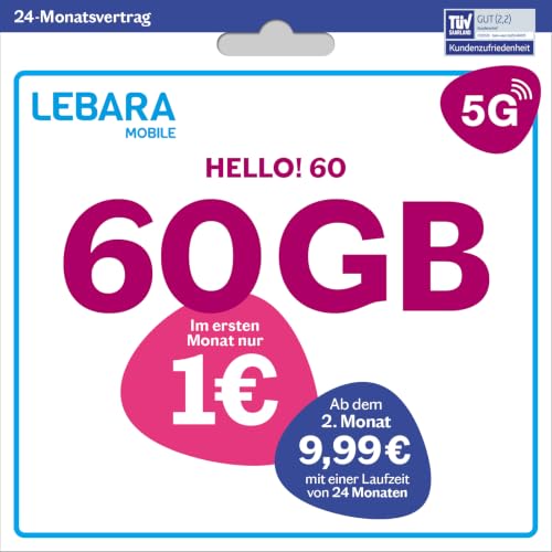 LEBARA Handytarif Hello! 60 | 60 GB Datenvolumen | 5G | 9 99 mtl. | Allnet-Flat | 200 Auslandsminuten